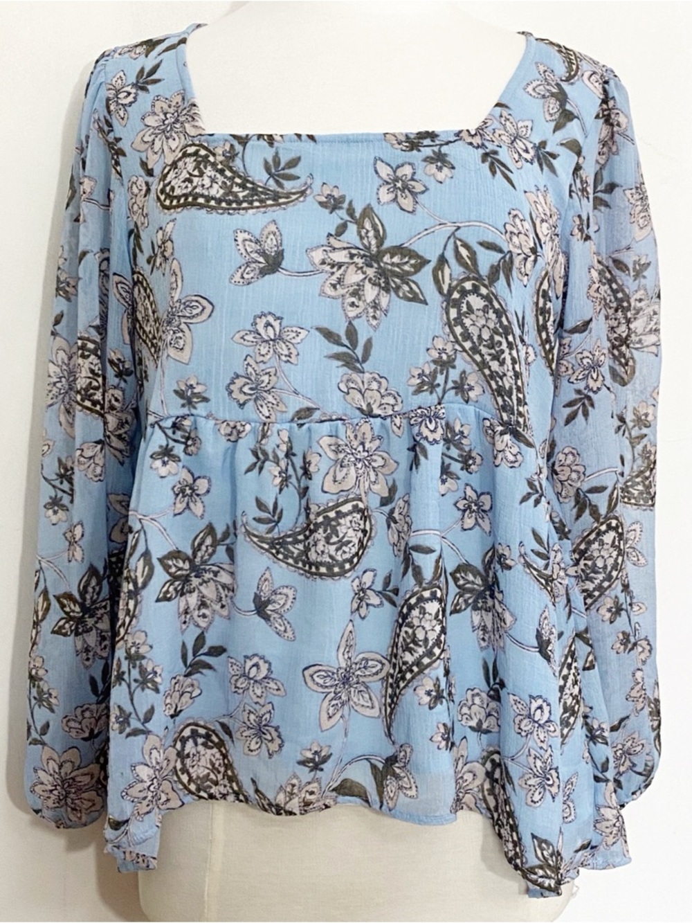 American Eagle Light Blue Floral Paisley Back Tie Square-Neck Women's Top M